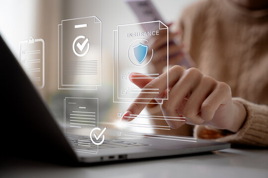Risk management data security policy protection, regulatory compliance and insurance technology concept. Digital insurance policies and compliance documents.