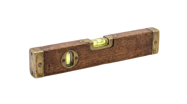 Antique wood spirit level with brass ends, vintage carpenter bubble level tool, rustic wooden measuring instrument for woodworking isolated PNG with Transparent Background