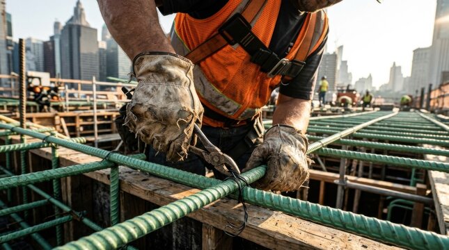 Ironworker in heavy leather gloves and safety harness tying epoxy-coated rebar grid with steel wire over bridge deck concrete forms during highway infrastructure construction.