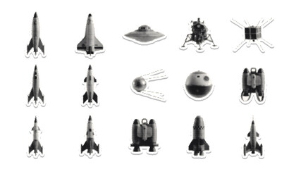 Monochrome Halftone Retro Science Space Cutout Stickers, Pop Art Rocket Launch Atom Symbol Satellite Lunar Capsule Vector Pack © Josnara