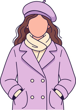Stylish Woman in Lilac Coat Beret and Scarf Vector Illustration