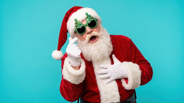Surprised santa claus in red suit with green tree sunglasses humorously talks on a retro white phone against a teal background, capturing playful christmas spirit.