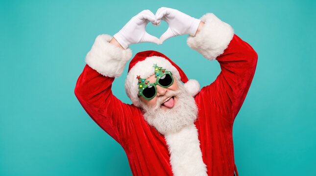 Cheerful santa claus in funny festive sunglasses makes heart shape with hands, tongue out, vibrant portrait, radiating christmas joy on turquoise.