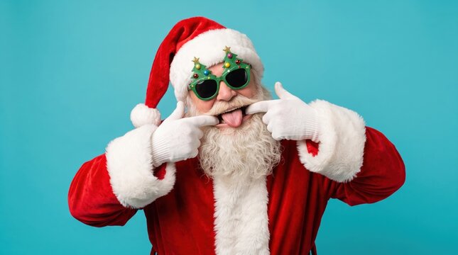 Humorous santa claus, in festive green christmas tree glasses and red suit, makes a silly, tongue-out face in a close-up against a blue background, conveying holiday cheer.