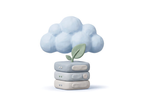 Soft 3D Clay Cloud Computing Icon with Server Stack and Fresh Green Leaf on White Background