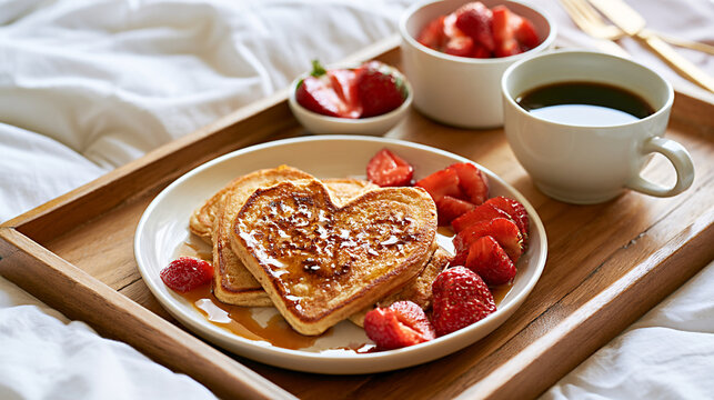 Heart shaped French toast with syrup and strawberries on a ceramic plate beside coffee and fruit bowls on a wooden breakfast tray in bed