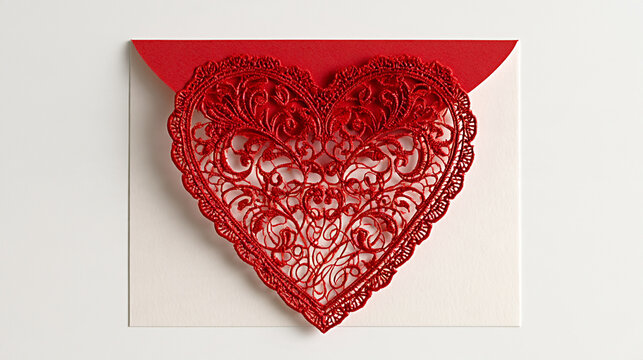 Red filigree heart attached to white envelope with intricate lace details and romantic Valentine's Day symbolism, isolated against a neutral background in a studio still life