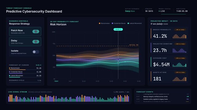Predictive cybersecurity dashboard showing risk horizon charts and