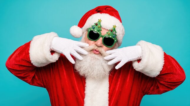 A humorous santa claus in a vibrant red suit and white beard, wearing funny christmas tree sunglasses and posing playfully against a plain blue studio background.