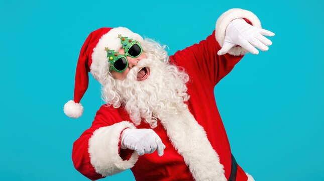 Vibrant studio shot of santa claus dabbing playfully in festive sunglasses and red suit, creating a humorous christmas mood on bright blue background.