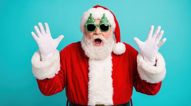 Vibrant studio portrait of santa claus, humorously surprised, hands raised, wearing festive christmas tree sunglasses and red suit against a turquoise background.