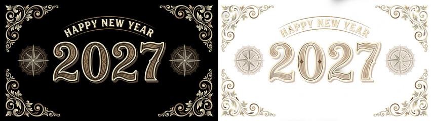 Happy New Year 2027 elegant greeting card design, luxurious festive celebration banner, vintage ornate typography for holiday events, golden decorative elements on black and white backgrounds. © Haroon
