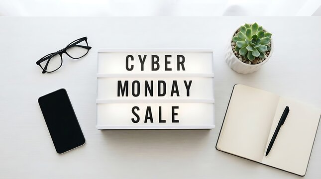 Cyber monday sale message on a light box with smartphone and office supplies