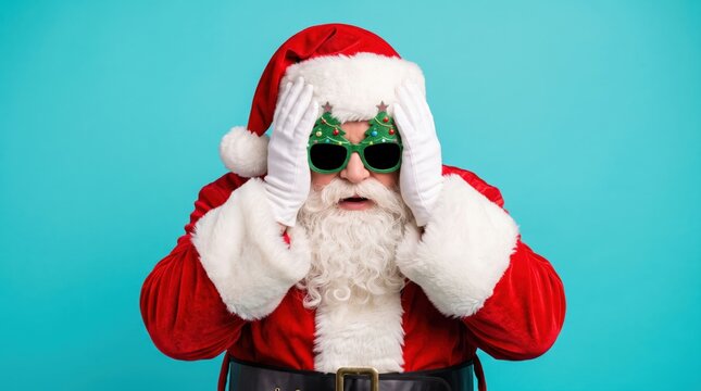 Santa claus, looking stressed with hands on head and funny christmas tree glasses, in a vibrant studio shot against a turquoise background, depicting christmas overwhelm.