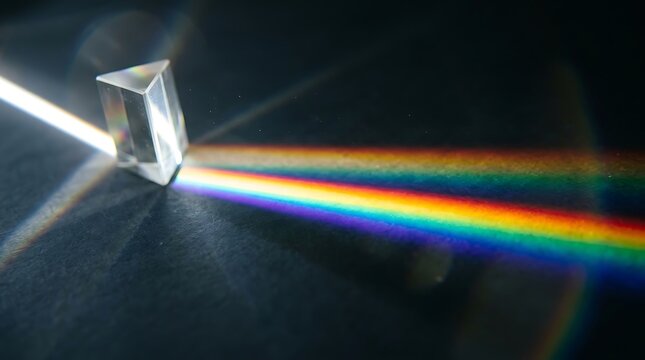 prism refracting light into rainbow colors on dark surface