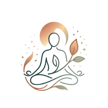 Abstract Meditating Person Silhouette with Leaves and Sun Vector