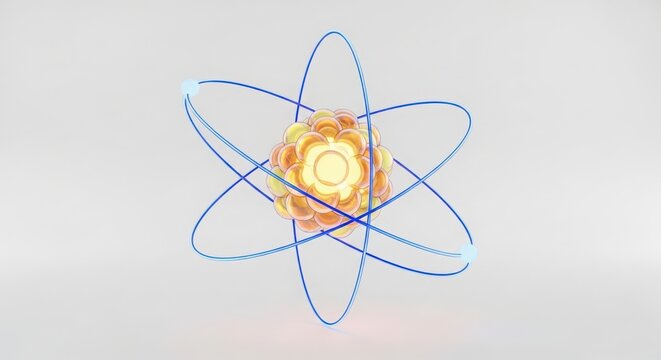 Colorful atom illustration with glowing core and electron orbits