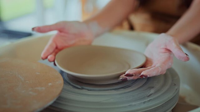 Close up of female potter carefully lifting freshly shaped ceramic plate from pottery wheel after forming clay, handmade pottery making process in creative workshop.