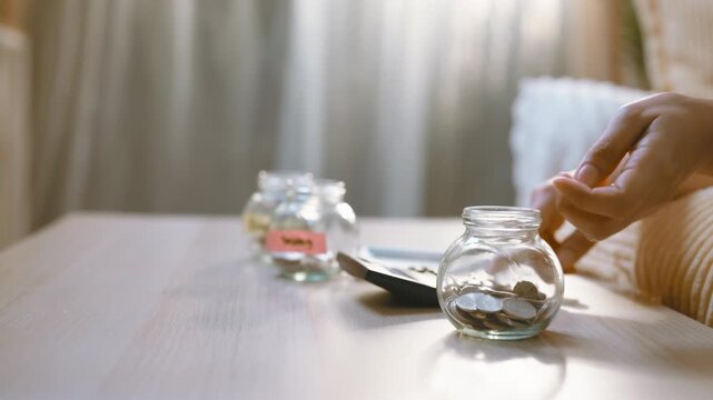 Coin sorting continues beside a clear jar as a hand moves loose coins near a calculator, with coin sorting and money allocation expressed through separate savings containers on a home tabletop.