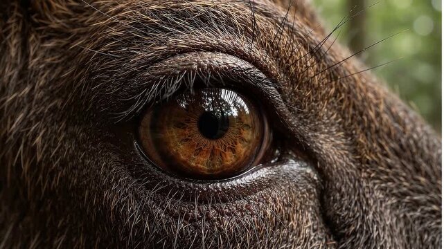 Extreme macro photorealistic footage of a wild anoa's eye, rich warm-brown iris

