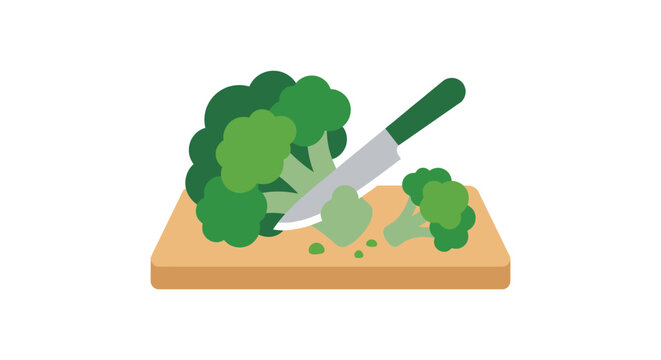 Broccoli being chopped on a wooden cutting board flat vector illustration with a white background