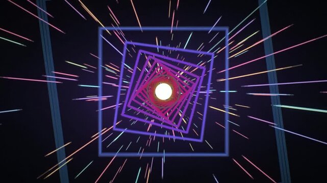 Neon square tunnel hyperspace warp with streaking light trails