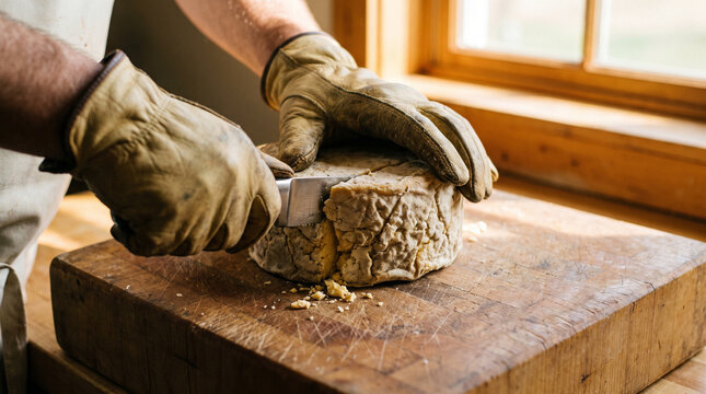 Artisan cheesemaker wearing leather gloves cuts aged cheese wheel on rustic wooden block.