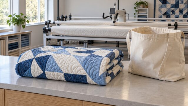 Folded blue and cream customer quilt waits beside an open cloth bag at the studio return counter after completed longarm stitching
