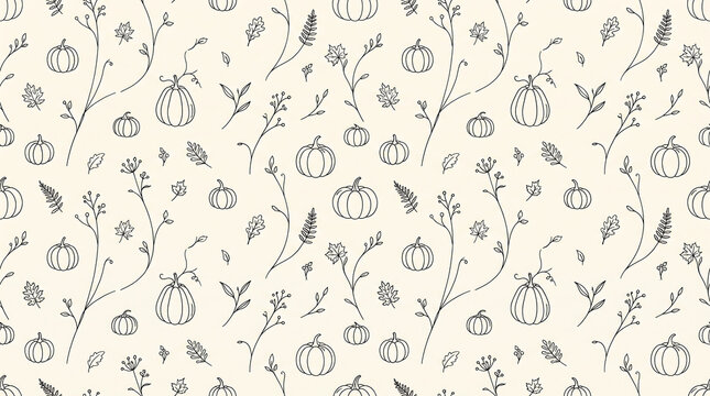 Minimalist Halloween Seamless Pattern with Hand-Drawn Pumpkins and Botanical Leaves