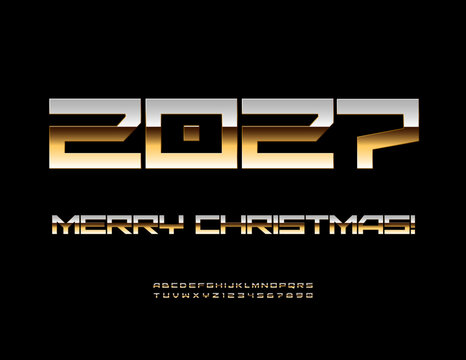 Vector Classy Greeting Card Merry Christmas 2025! Contemporary Luxury Metallic Font. Modern set of Tech Golden Alphabet Letters and Numbers.