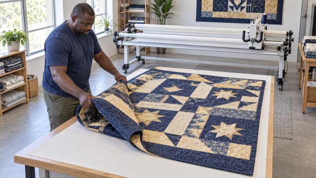 Provider folds a large navy and pale gold patchwork quilt across a broad supported table after longarm stitching to prepare it for return