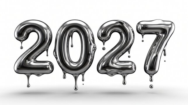 Shiny liquid chrome 2027 numbers melting on a clean white isolated