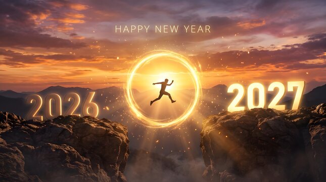 A person leaps between years two thousand twenty six and two thousand twenty seven during a