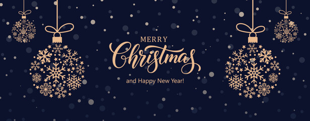 Merry Christmas banner with rose gold snowflake ornaments hanging against a dark blue snowy background. Ideal for holiday greetings and festive decor. © bibin