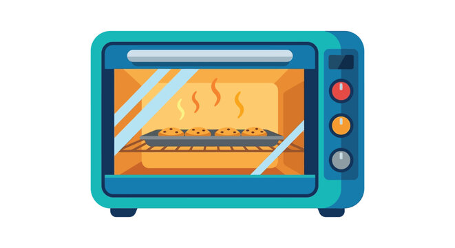 Toaster oven with cookies inside is displayed on a white background appliance baking countertop