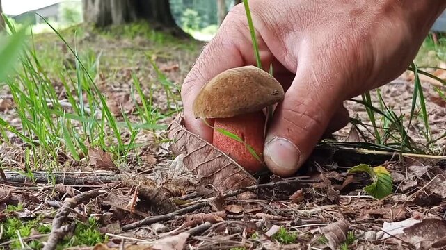 Close-up of a person picking a granular-stemmed bolete, also known as the spotted oak bolete or blue-staining bolete, growing on the forest floor among leaves and woodland vegetation.