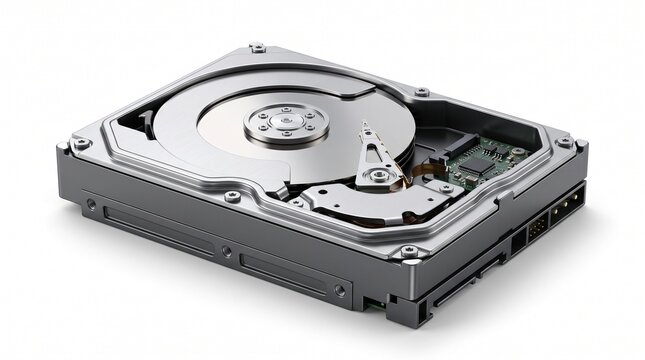 Open computer hard drive showing internal disk platter actuator arm and magnetic read write head assembly on white background