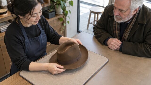 Hatter turning a customer's brown felt fedora on a padded counter mat to inspect the uneven rear brim while the owner watches during an aftercare assessment