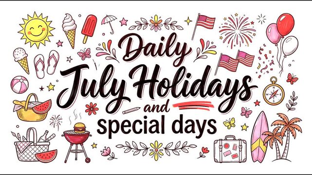Daily July Holidays and Special Days Doodle Vector Illustration: Hand-Drawn Summer Celebration Events, Independence Day, Beach Vacation, Picnic, and BBQ Icons

