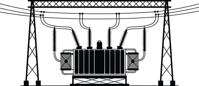 Black and white of a large electrical power transformer station with voltage transmission towers and power lines on a white background