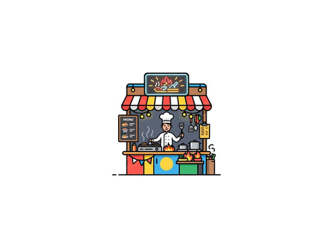 014 Chef Cooking At Colorful Street Food Stall With Striped Awning Menu Boards Utensils And Prepared Dishes.eps