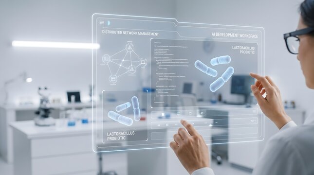 Scientist touching a transparent holographic screen with Lactobacillus probiotic bacteria and network diagram in a bright laboratory