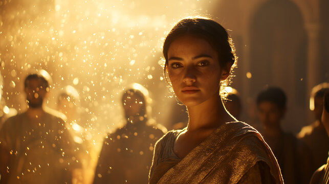 Biblical woman standing amid a glowing worship gathering