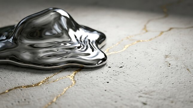 Liquid silver metal drop on white textured stone surface with golden crack detailing.