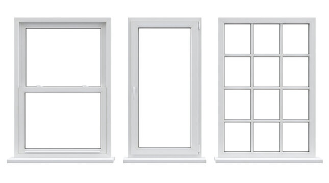White vinyl window frames collection, three architectural glass window styles, modern residential window designs for home improvement isolated PNG with Transparent Background