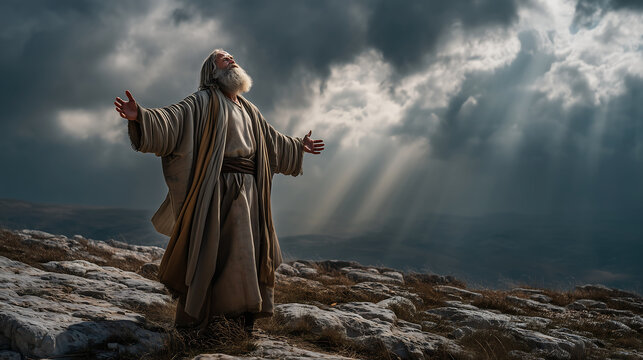Biblical prophet opening his arms beneath a dramatic sky