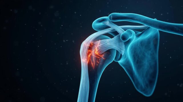 3D medical animation of a human shoulder joint showing inflammation and pain in the rotator cuff tendons on a dark background