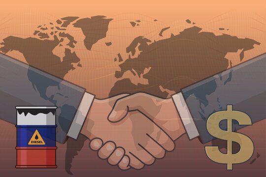 Russia USA diesel deal and energy trade concept with diesel oil fuel barrel, handshake and world map