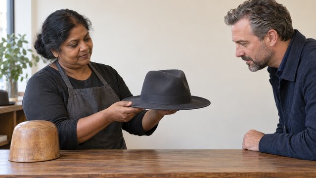 Hatter presents a reshaped slate felt hat with its brim level for the owner to review the contour beside the empty wooden form before fitting