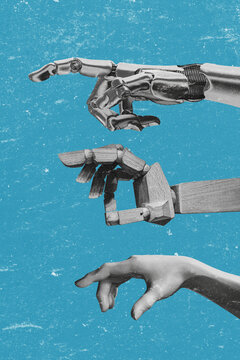 Various hands point forward&mdash;an antique sculpted hand, a wooden prototype hand, and a cybernetic robotic hand -  isolated on free background.